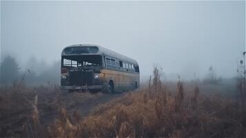 vacío quemado autobús en el la carretera en un campo en el niebla. generado ai. foto
