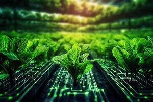 Small green plants growing from a glowing green circuits. Green cryptocurrency and ecology growing concept. . photo