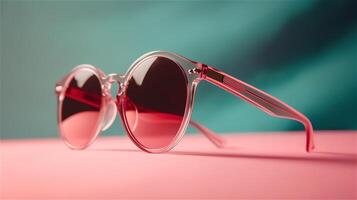 Pink sunglasses on pink blue background. . photo