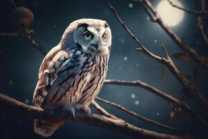 Owl sitting on a tree branch under a full moon. . photo