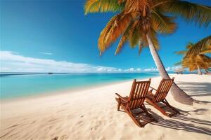 Sun loungers on a beautiful paradise beach under a palm tree. . photo
