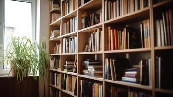 biblioteca interior. estante para libros cerca un ventana y un planta en un maceta. generado ai. foto