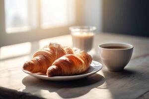 Coffee and croissants on a table in a morning. . photo