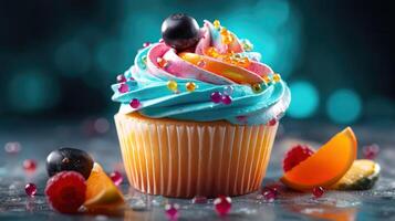 Delicious tasty cupcake with colorful cream. . photo