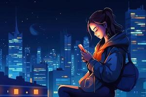 Young girl with backpack looking at a phone on a city night background. Cartoon style. . photo