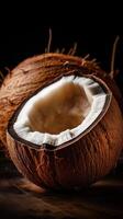 Vertical close up of a cracked coconut. . photo