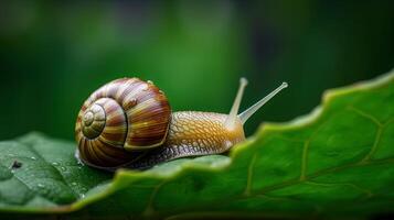 Close up of a snail on a plant leaf. . photo