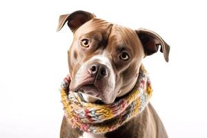 Portrait of a brown american staffordshire terrier in a scarf. . photo