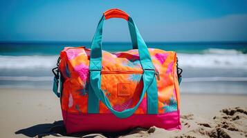 Bright, colorful travel bag on a beach. . photo