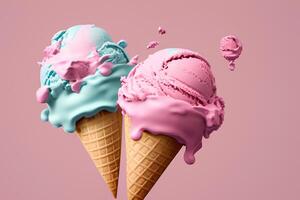 Two pink and blue ice creams in waffle cones close-up on a pink background. photo