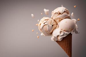 Creamy ice cream balls in waffle cone with peanuts, splash, levitation. photo