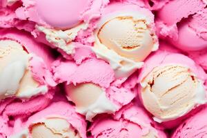 Strawberry and cream ice cream in balls close up, background, texture. photo