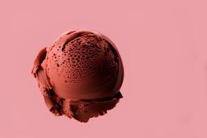 cucharón de chocolate hielo crema en rosado antecedentes de cerca. levitación. ai generado foto