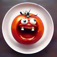 Screaming red tomato on white plate. photo