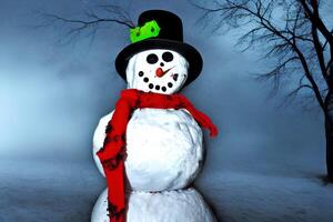 Halloween snowman with black hat in mystic winter forest. photo