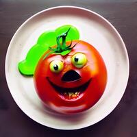 Good smiling tomato the plate,top view. photo
