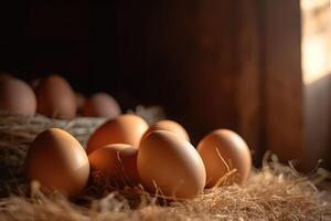 marrón huevos en heno en un pollo cooperativa a un granja. generado ai. foto