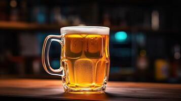 Big glass mug of beer on a wooden table in a bar. . photo