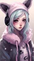 Vertical image of a cute anime girl with headphones in a coat and hat with ears. Mobile wallpaper. . photo