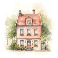 Cute scandinavian house. Flat watercolor image in a pastel colors. . photo