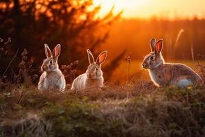 Rabbits plays on the clearing at sunset. . photo