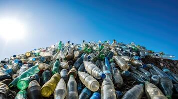 Huge bunch of a plastic garbage under a clear sky. . photo