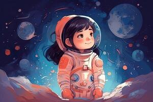 linda asiático astronauta niña en un dibujos animados estilo. generado ai. foto