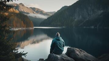 Traveller sitting on a shore of a mountain lake. . photo