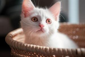 Cute white kitten sitting in a basket. . photo