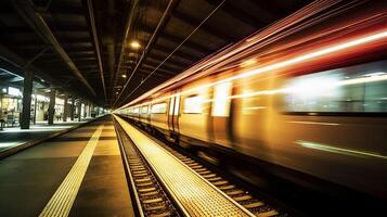 alto velocidad subterraneo metro tren en movimiento. generado ai. foto