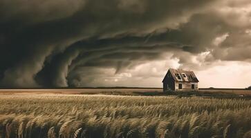 un pequeño casa en un campo con un grande tornado que se acerca. generado ai. foto