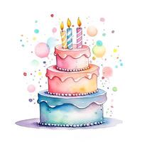 watercolor cute cake with candles isolated on white background. clip art for greeting card, invitation, birthday party. photo