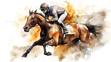 Jockey on a brown horse watercolor image. . photo