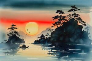 Sunset on a lake with rocky islands watercolor landscape. . photo