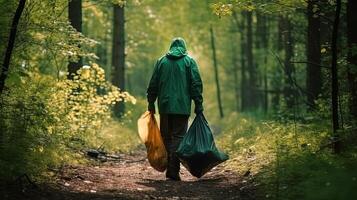 hombre que lleva dos pantalones de basura en un bosque. generado ai. foto