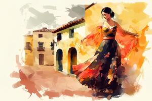acuarela imagen de un bonito mujer flamenco bailarín en un pequeño Español calle. generado ai. foto