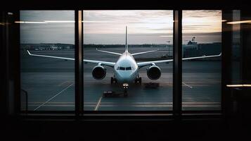 avión detrás un grande ventana en un aeropuerto. generado ai. foto