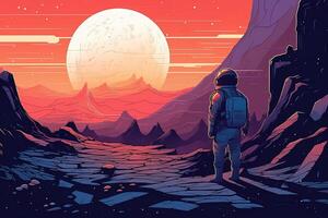astronauta en un asteroide acecho ajuste Dom. ilustración en un dibujos animados estilo. generado ai. foto