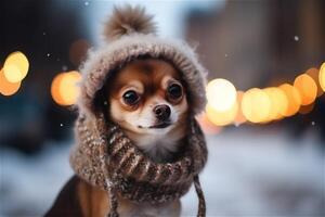 retrato de un linda chihuahua en un invierno mullido sombrero en un borroso invierno calle antecedentes. generado ai. foto