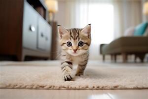 Cute little playful hunting kitten on a carpet in a room. . photo