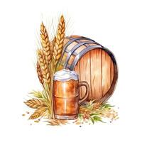 watercolor glass of beer with foam, wooden barrel, ears of wheat, isolated on white background. photo