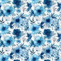 watercolor seamless texture pattern of blue flowers and leaves on a white background. photo