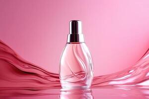 Cosmetic Spa Medical Skin Care Spray Glass Bottle on a pink background. . photo