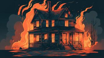 Illustration of a country house buning in fire. Cartoon style. . photo