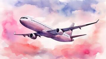Watercolor image of an airplane among pink sunset clouds. . photo