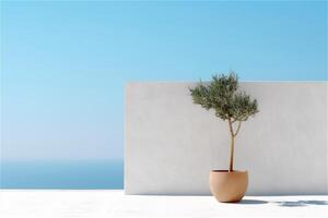 Lone tree in a pot in front of a white wall with sea on a background. . photo