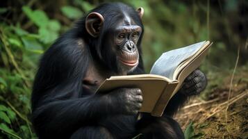 Monkey reading a bookn a jungle. . photo