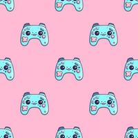 Seamless pattern with cute blue cartoon gamepad on a pink background. . photo