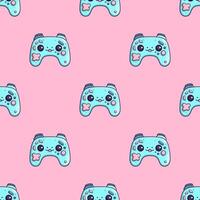 Seamless pattern with cute blue cartoon gamepad on a pink background. . photo