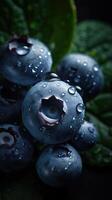 Vertical close up of blueberries covered with dew drops. . photo